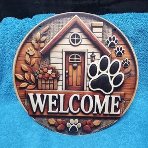Rustic Welcome Sign with Paw Print Design Wood.